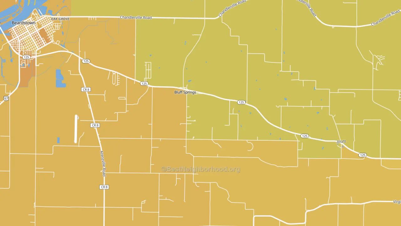 Map of the best neighborhoods in the Bluff Springs area, with better matches in green and worse matches in red