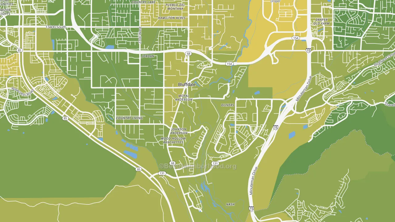 Map of the best neighborhoods in the Bluffdale area, with better matches in green and worse matches in red