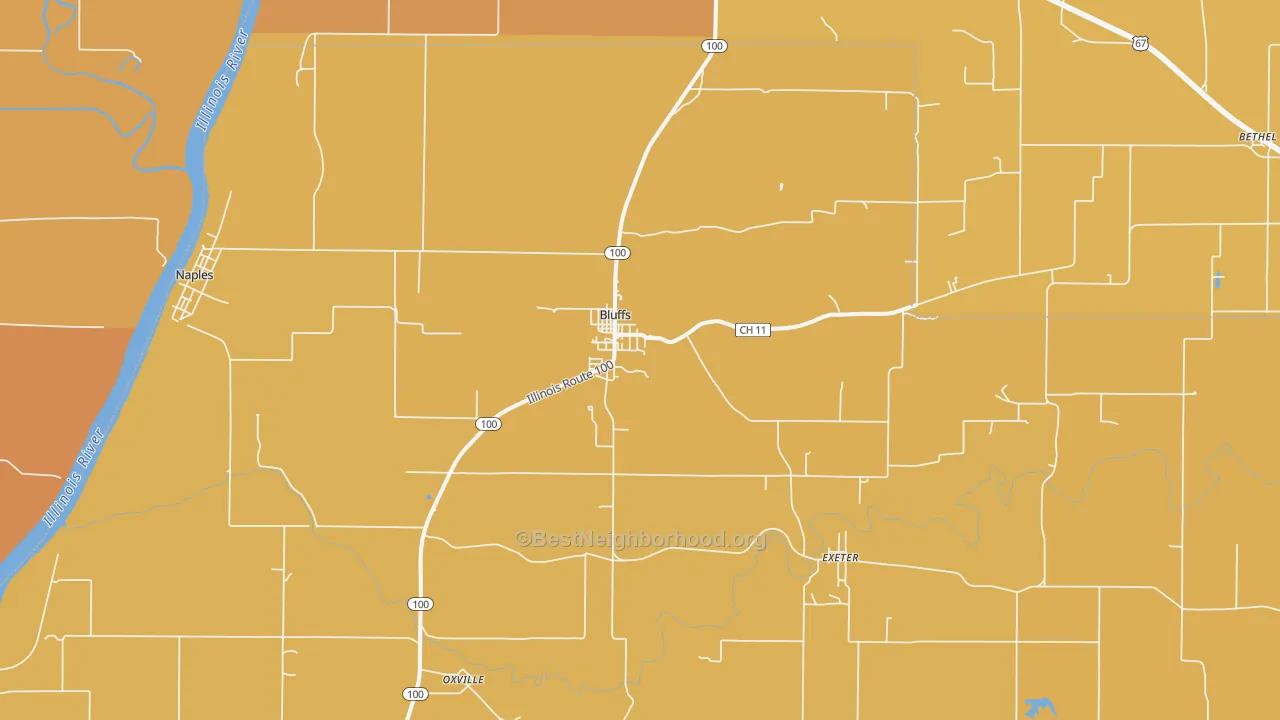 Map of the best neighborhoods in the Bluffs area, with better matches in green and worse matches in red