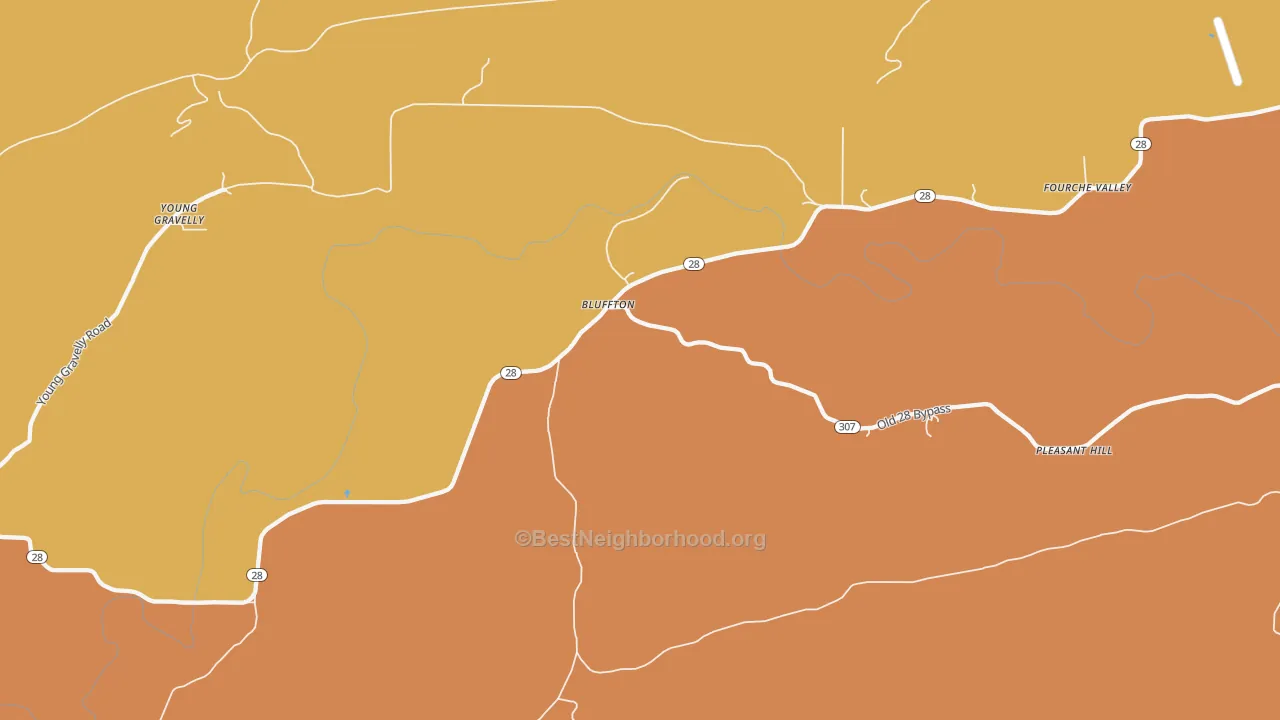 Map of the best neighborhoods in the Bluffton area, with better matches in green and worse matches in red
