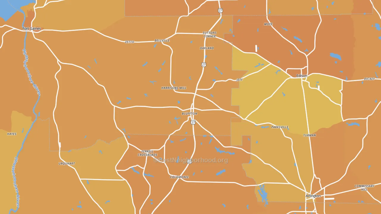 Map of the best neighborhoods in the Bluffton area, with better matches in green and worse matches in red