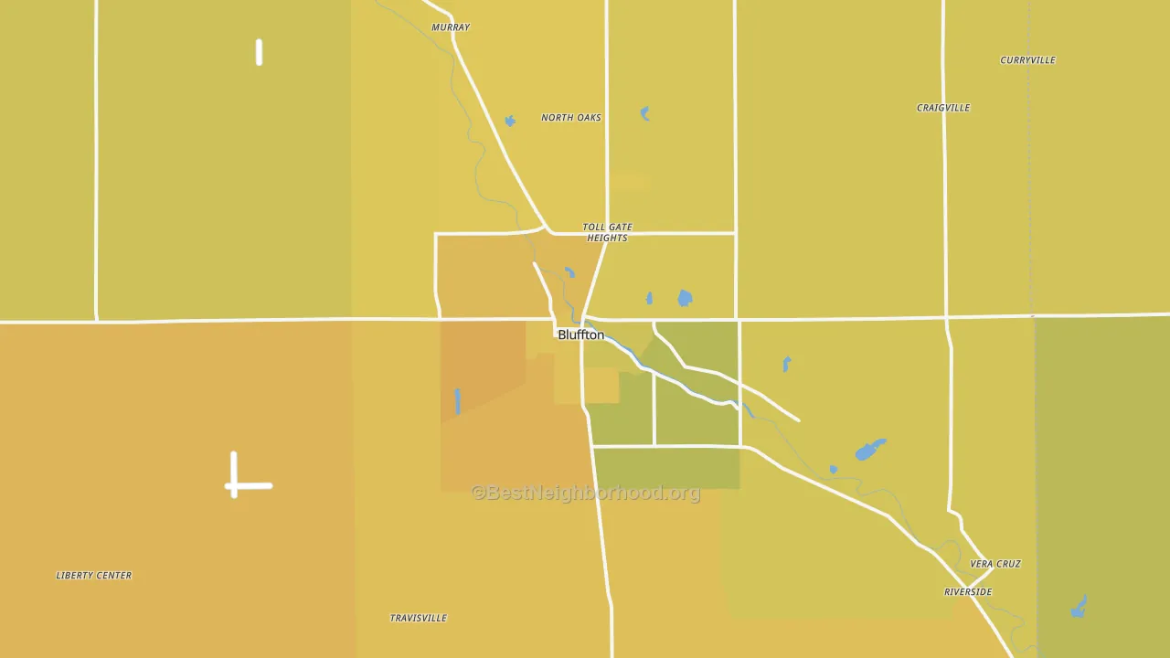 Map of the best neighborhoods in the Bluffton area, with better matches in green and worse matches in red