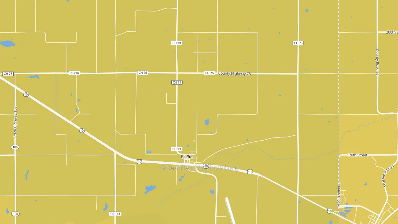 Map of the best neighborhoods in the Bluffton area, with better matches in green and worse matches in red