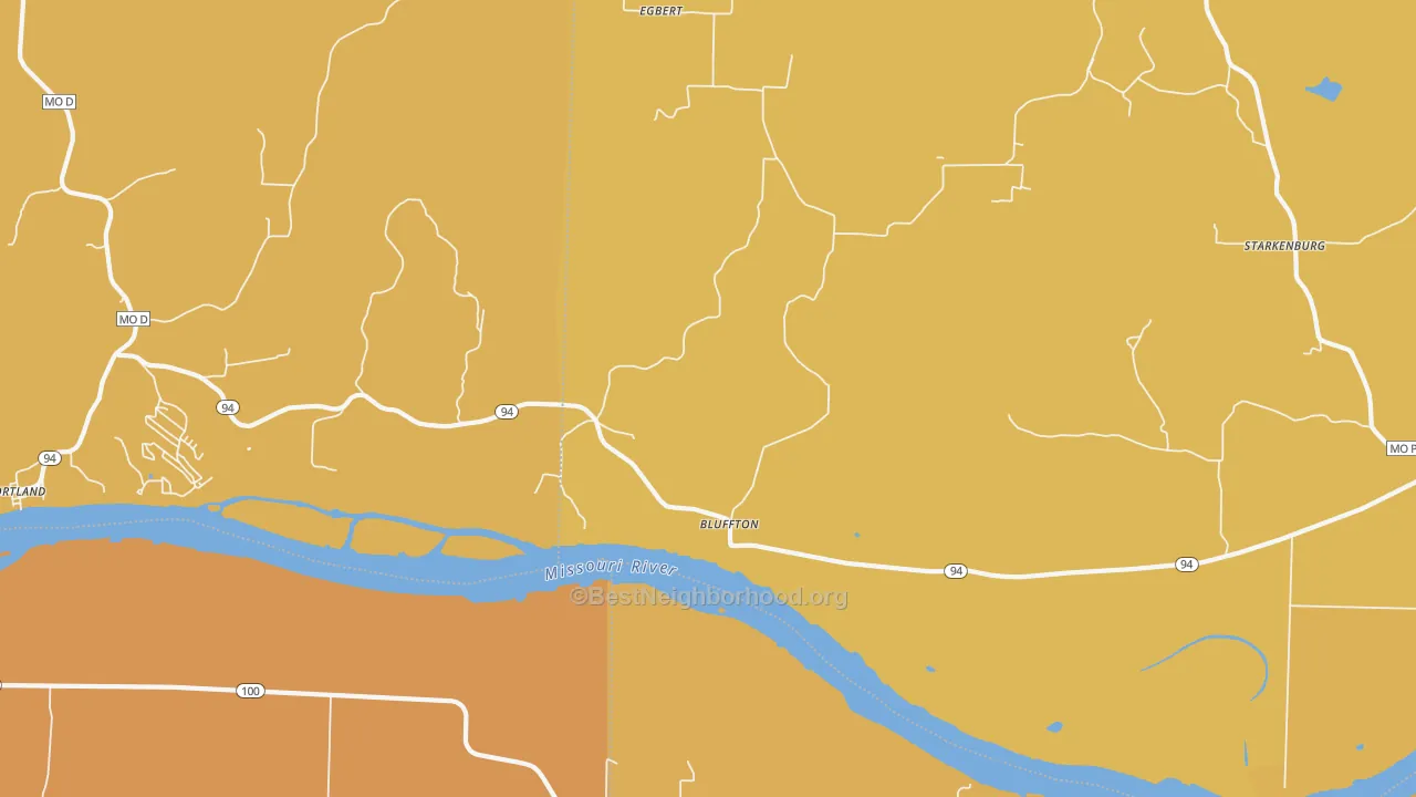 Map of the best neighborhoods in the Bluffton area, with better matches in green and worse matches in red