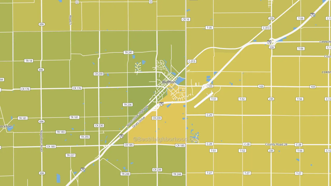 Map of the best neighborhoods in the Bluffton area, with better matches in green and worse matches in red