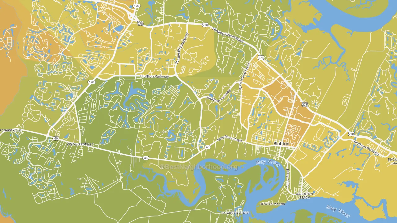 Map of the best neighborhoods in the Bluffton area, with better matches in green and worse matches in red
