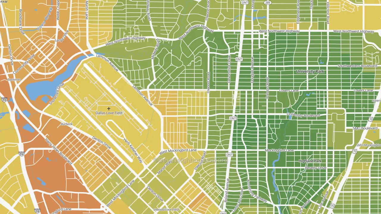 Map of the best neighborhoods in the Bluffview, Dallas area, with better matches in green and worse matches in red