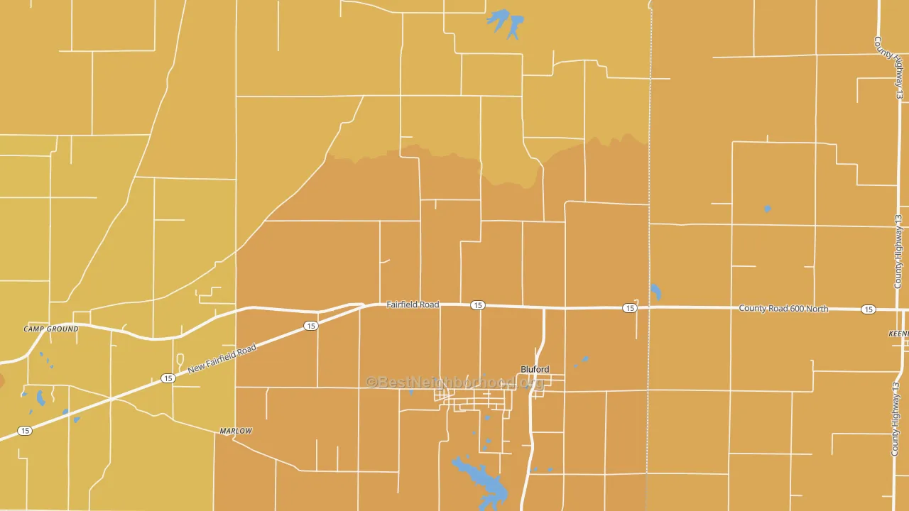 Map of the best neighborhoods in the Bluford area, with better matches in green and worse matches in red
