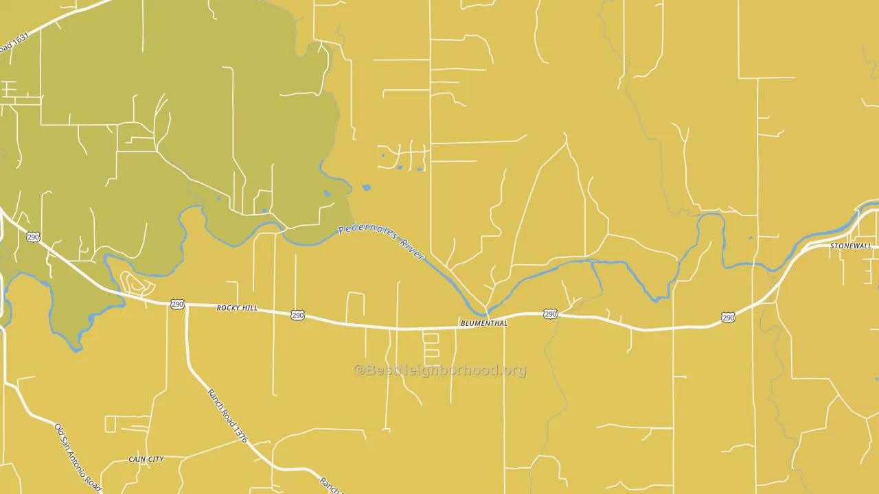 Map of the best neighborhoods in the Blumenthal area, with better matches in green and worse matches in red