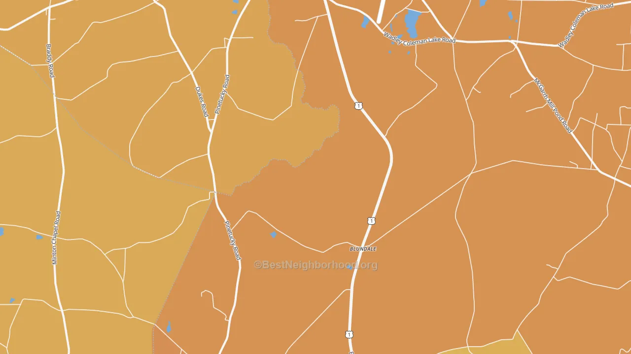 Map of the best neighborhoods in the Blundale area, with better matches in green and worse matches in red