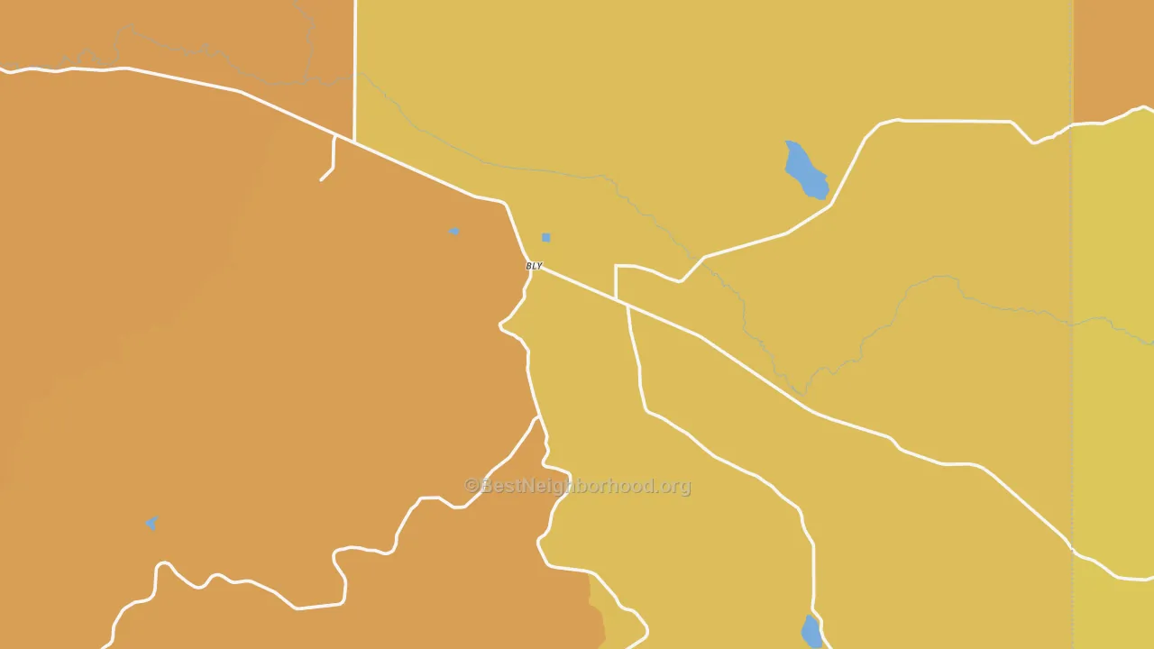 Map of the best neighborhoods in the Bly area, with better matches in green and worse matches in red