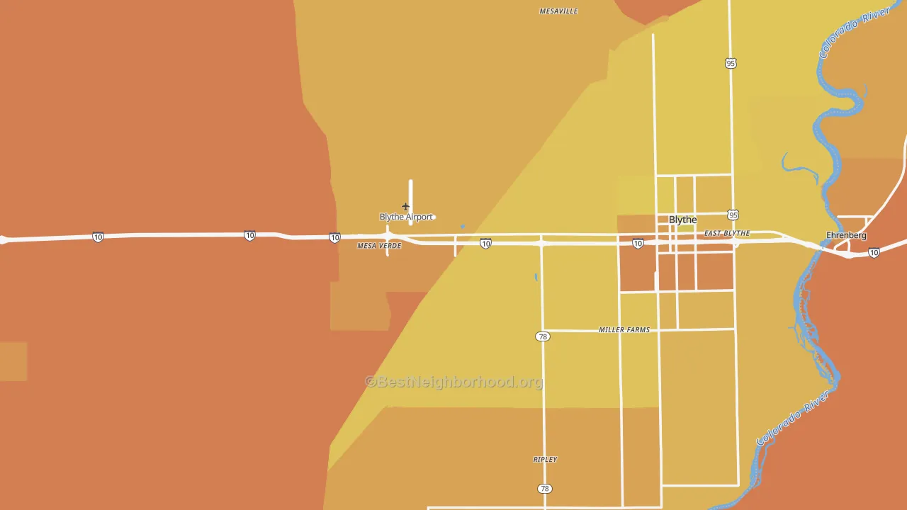 Map of the best neighborhoods in the Blythe area, with better matches in green and worse matches in red