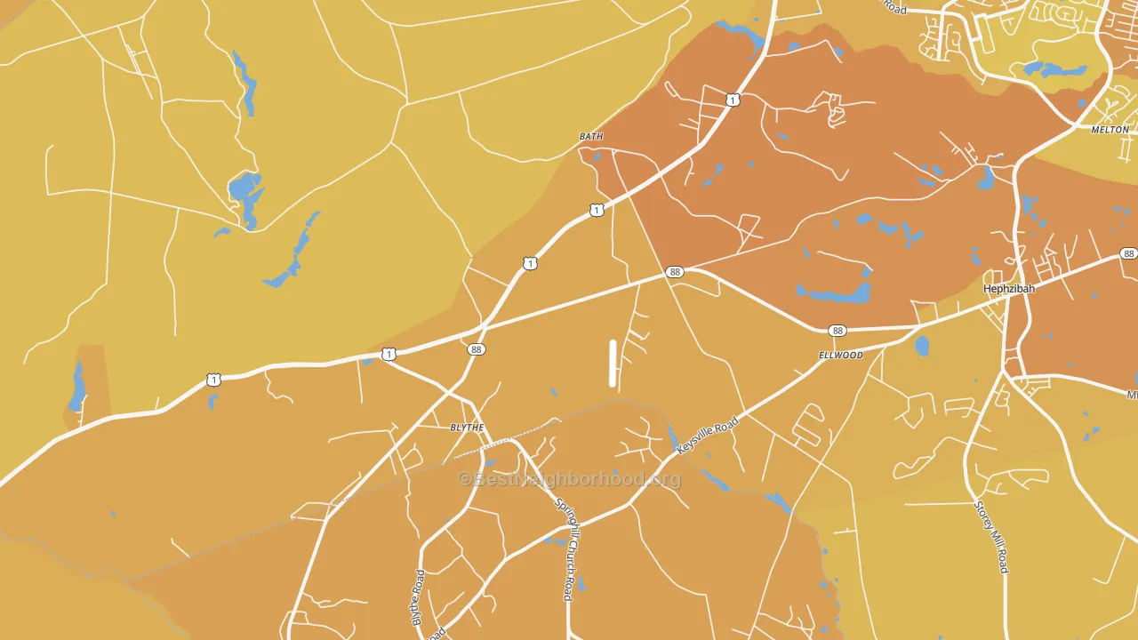 Map of the best neighborhoods in the Blythe area, with better matches in green and worse matches in red