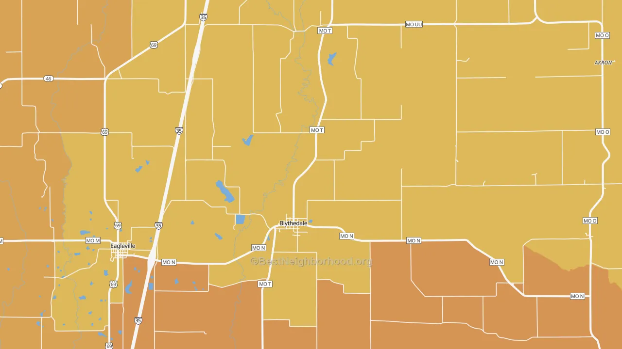 Map of the best neighborhoods in the Blythedale area, with better matches in green and worse matches in red