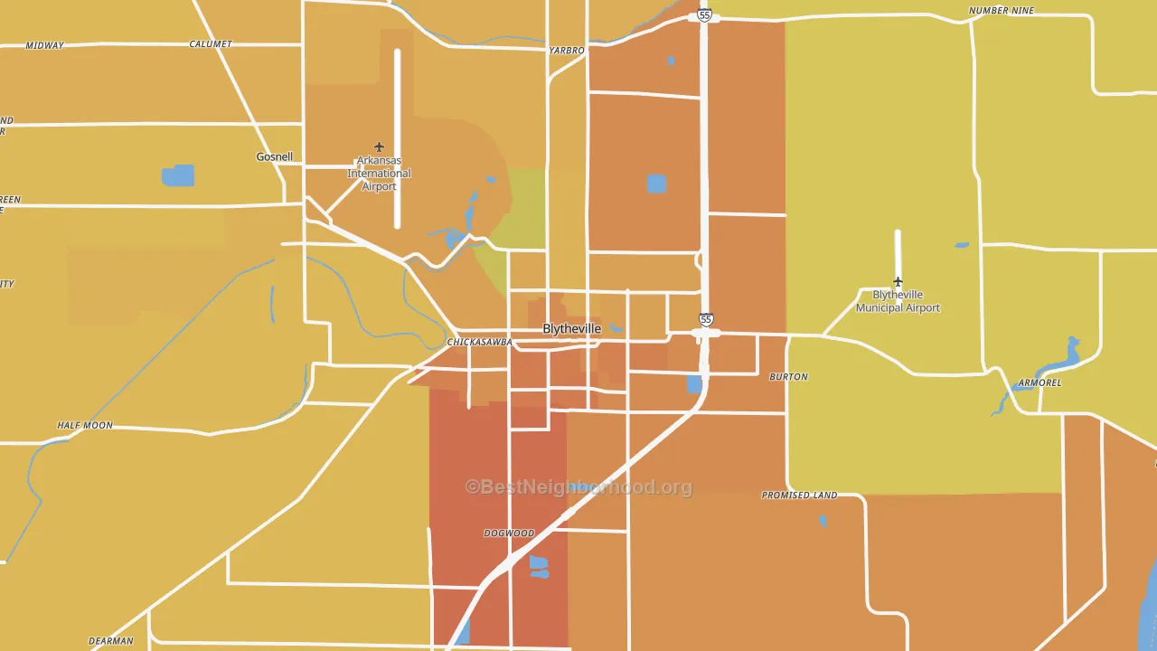 Map of the best neighborhoods in the Blytheville area, with better matches in green and worse matches in red
