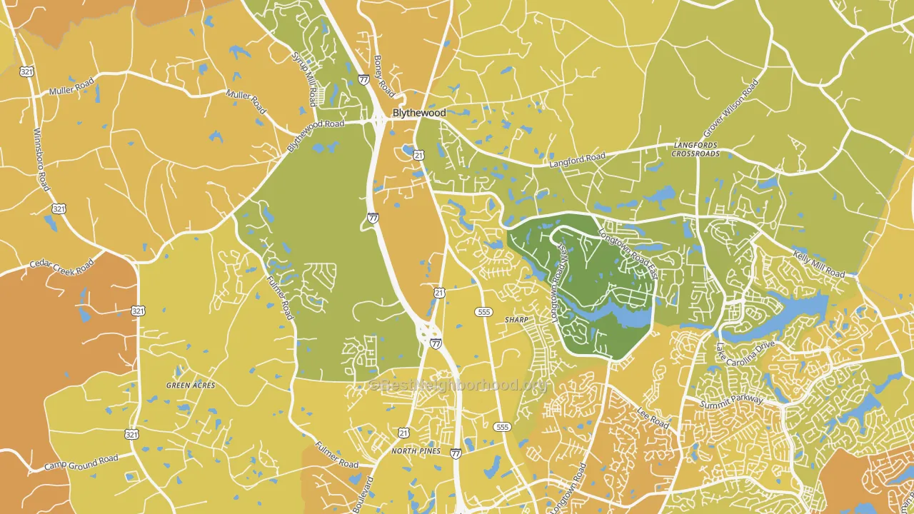 Map of the best neighborhoods in the Blythewood area, with better matches in green and worse matches in red