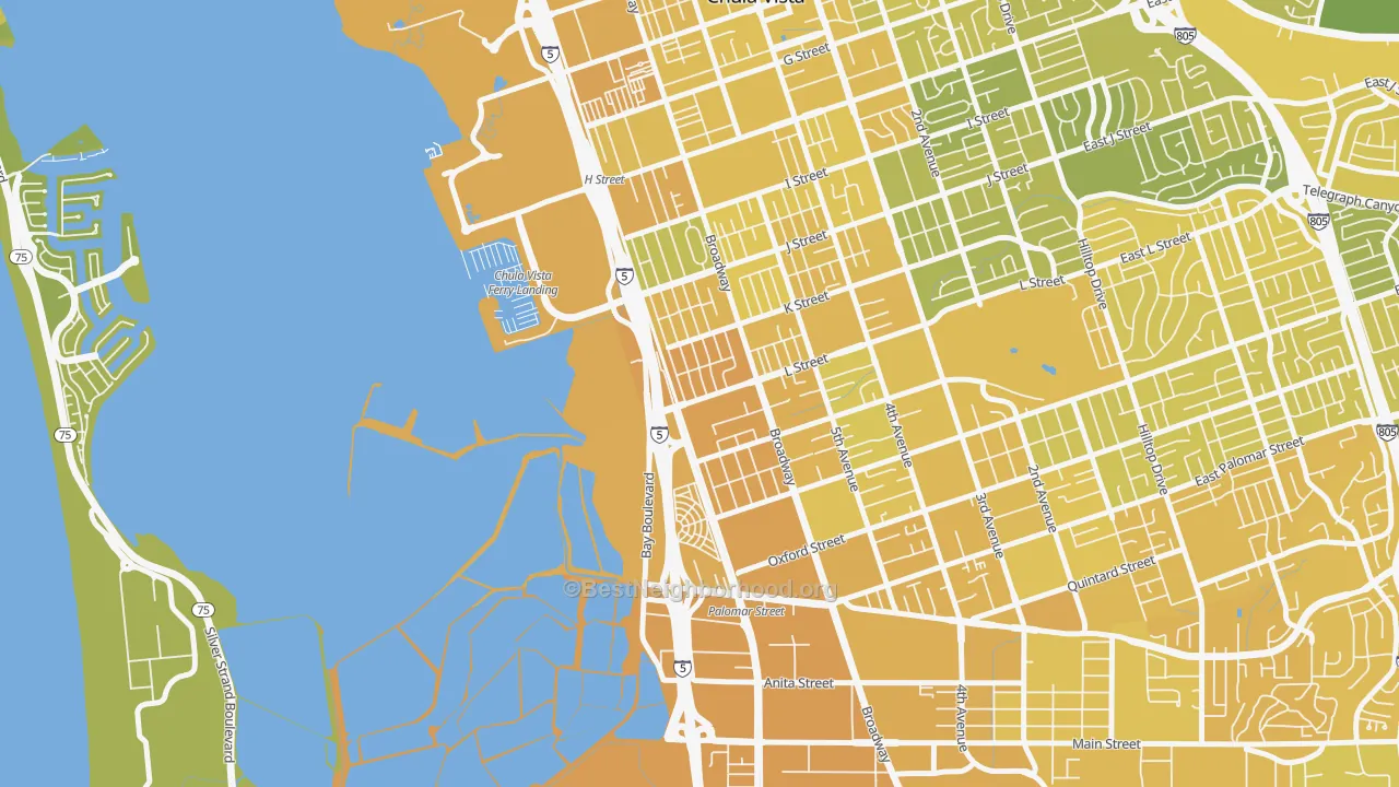 Map of the best neighborhoods in the Boal, Chula Vista area, with better matches in green and worse matches in red