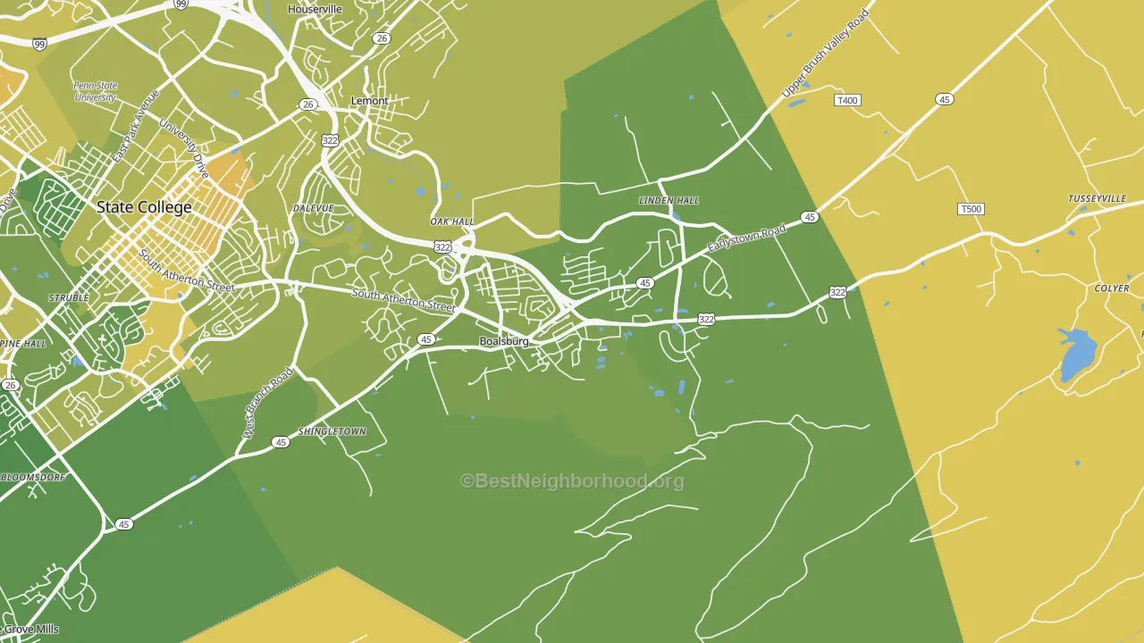 Map of the best neighborhoods in the Boalsburg area, with better matches in green and worse matches in red