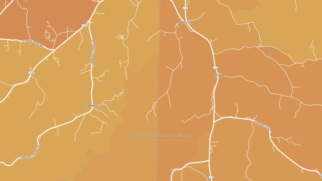 Map of the best neighborhoods in the Boar Tush area, with better matches in green and worse matches in red