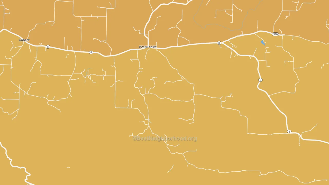 Map of the best neighborhoods in the Board Camp area, with better matches in green and worse matches in red
