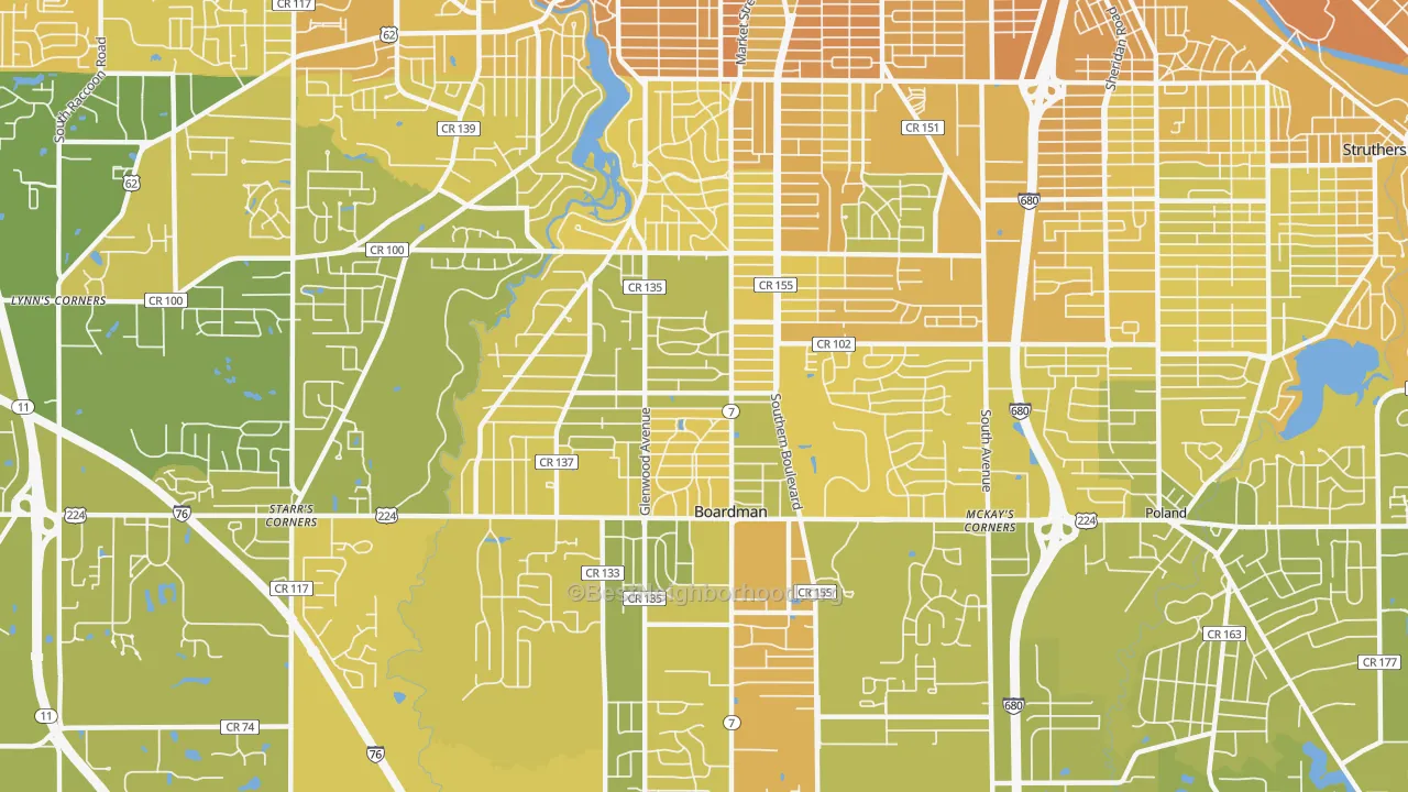 Map of the best neighborhoods in the Boardman area, with better matches in green and worse matches in red