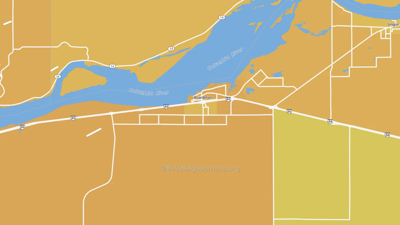Map of the best neighborhoods in the Boardman area, with better matches in green and worse matches in red