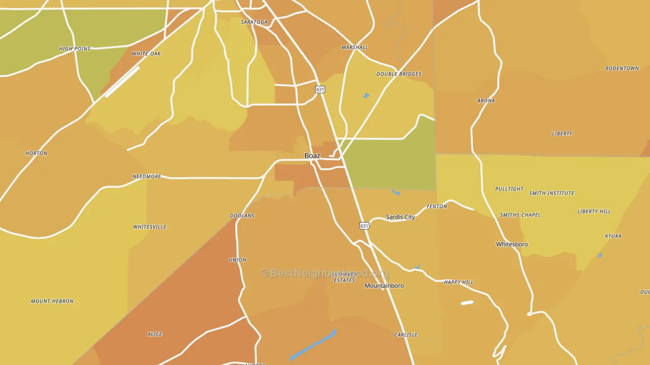 Map of the best neighborhoods in the Boaz area, with better matches in green and worse matches in red