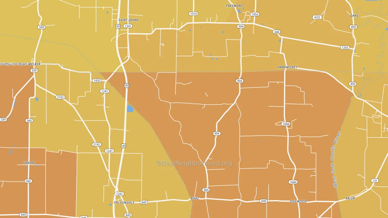 Map of the best neighborhoods in the Boaz area, with better matches in green and worse matches in red