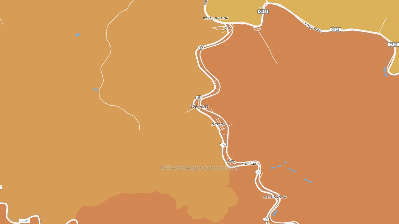 Map of the best neighborhoods in the Bob White area, with better matches in green and worse matches in red