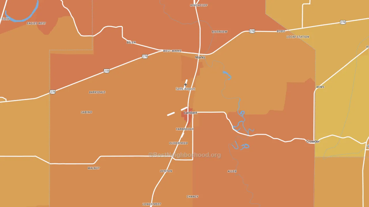 Map of the best neighborhoods in the Bobo area, with better matches in green and worse matches in red