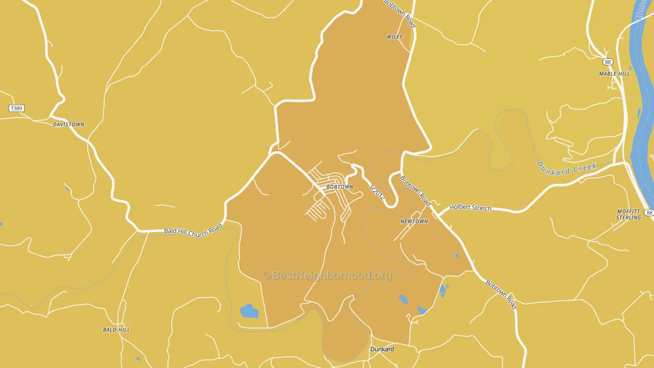 Map of the best neighborhoods in the Bobtown area, with better matches in green and worse matches in red