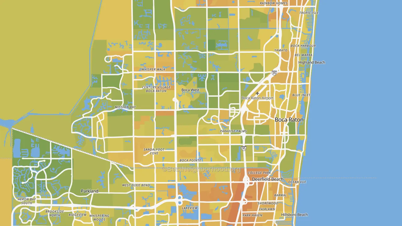 Map of the best neighborhoods in the Boca Raton area, with better matches in green and worse matches in red