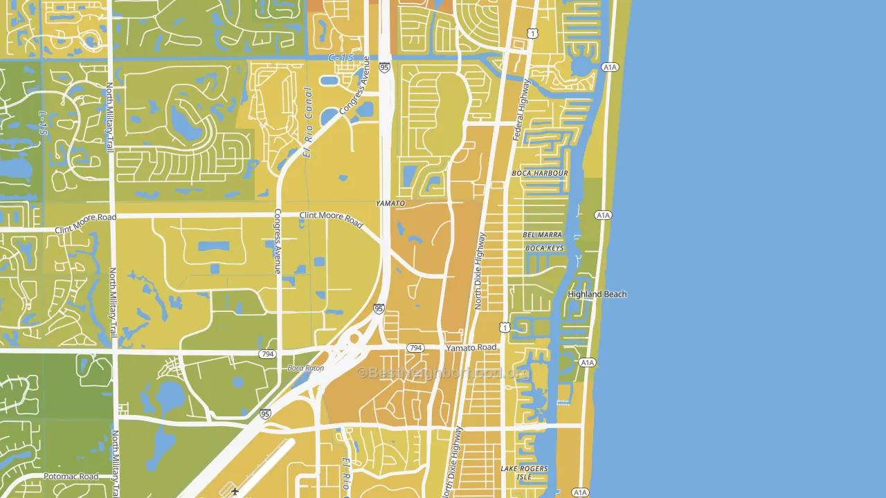 Map of the best neighborhoods in the Boca Teeca, Boca Raton area, with better matches in green and worse matches in red