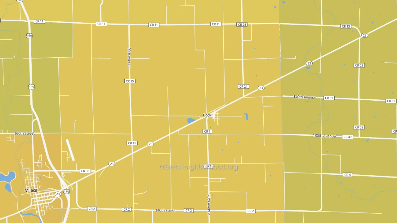 Map of the best neighborhoods in the Bock area, with better matches in green and worse matches in red