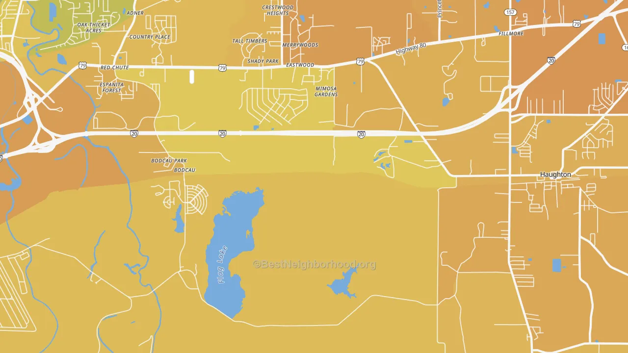 Map of the best neighborhoods in the Bodcau area, with better matches in green and worse matches in red