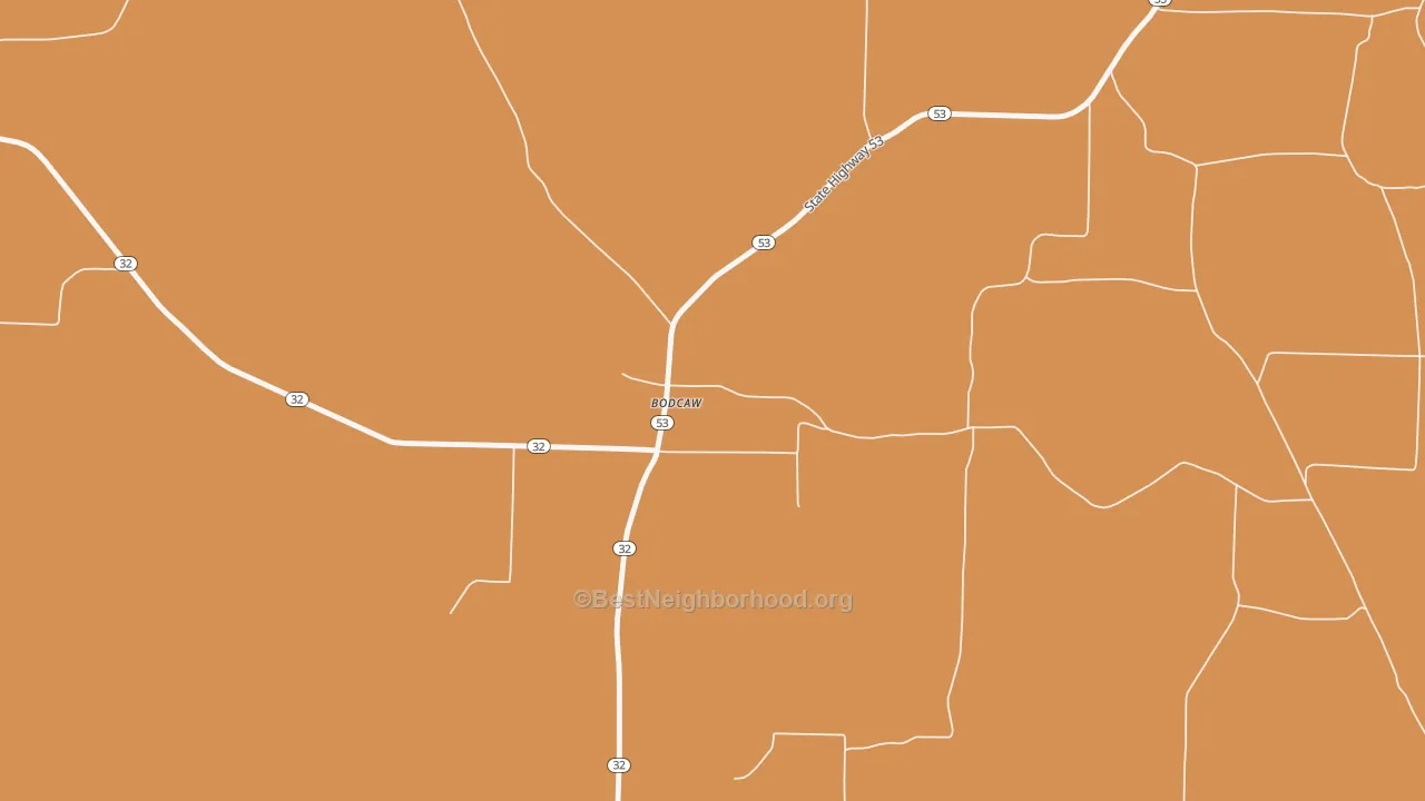 Map of the best neighborhoods in the Bodcaw area, with better matches in green and worse matches in red