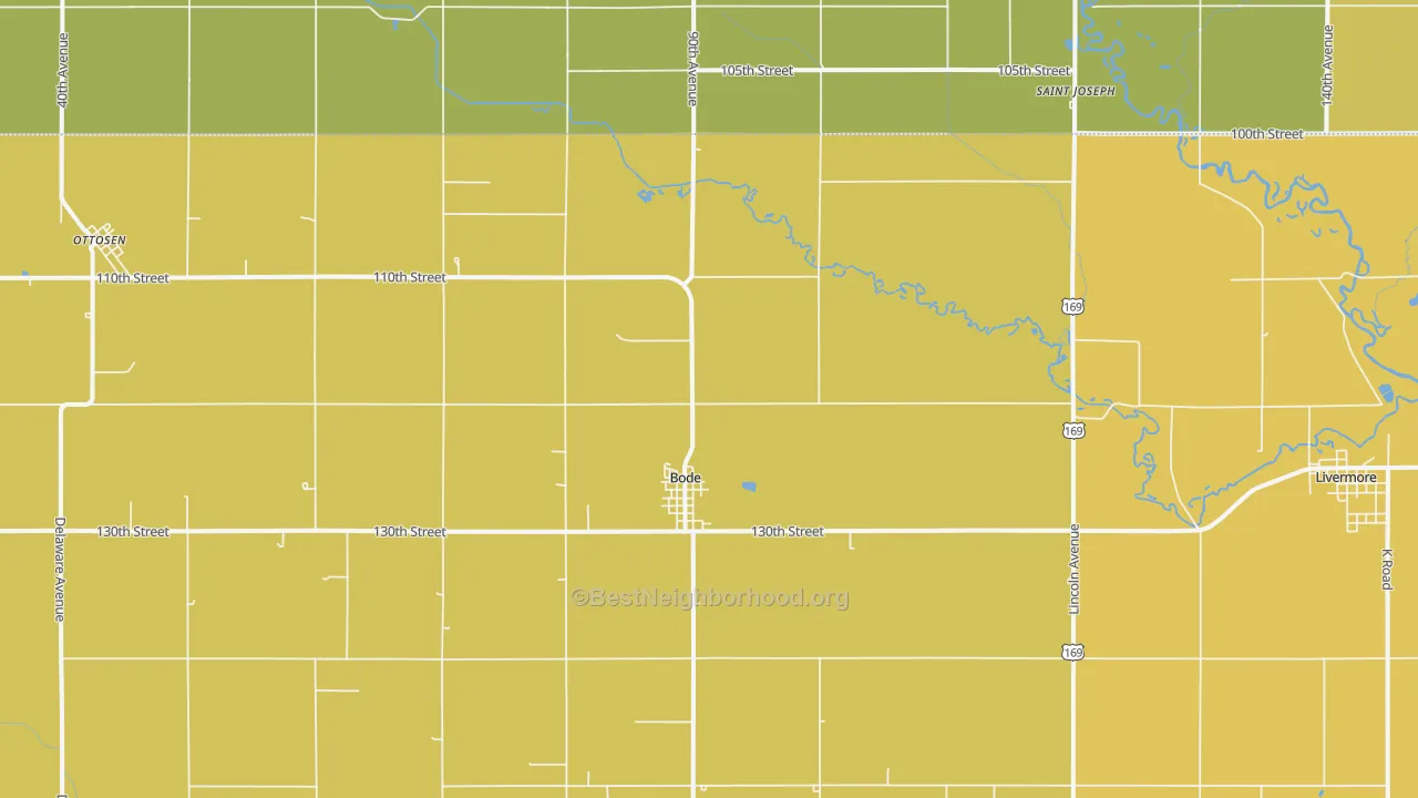 Map of the best neighborhoods in the Bode area, with better matches in green and worse matches in red