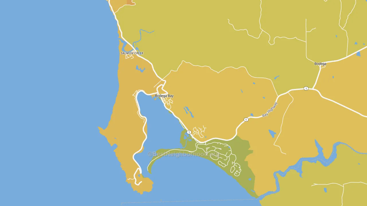 Map of the best neighborhoods in the Bodega Bay area, with better matches in green and worse matches in red