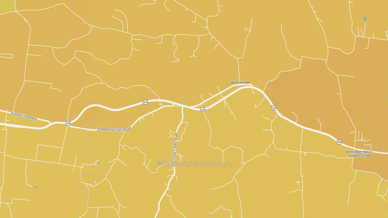 Map of the best neighborhoods in the Bodenham area, with better matches in green and worse matches in red