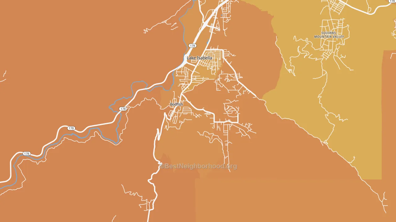 Map of the best neighborhoods in the Bodfish area, with better matches in green and worse matches in red