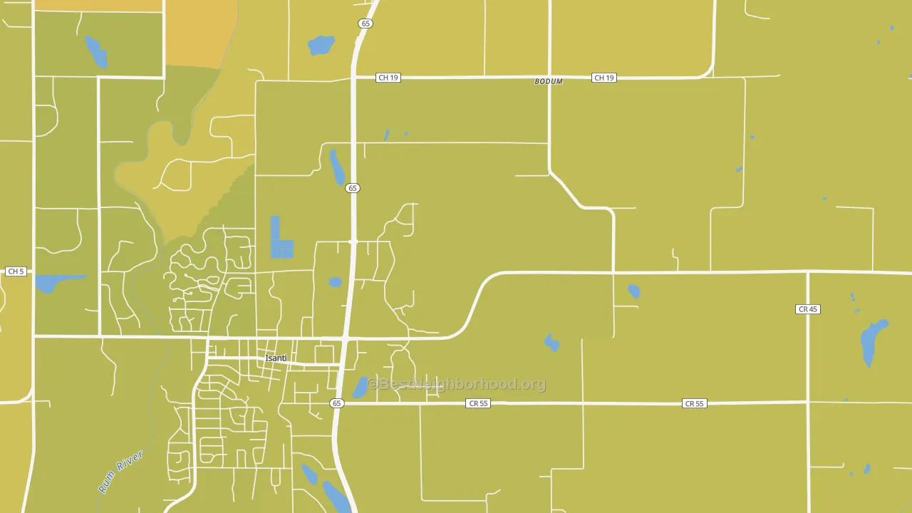 Map of the best neighborhoods in the Bodum area, with better matches in green and worse matches in red