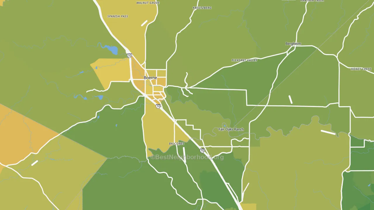Map of the best neighborhoods in the Boerne area, with better matches in green and worse matches in red