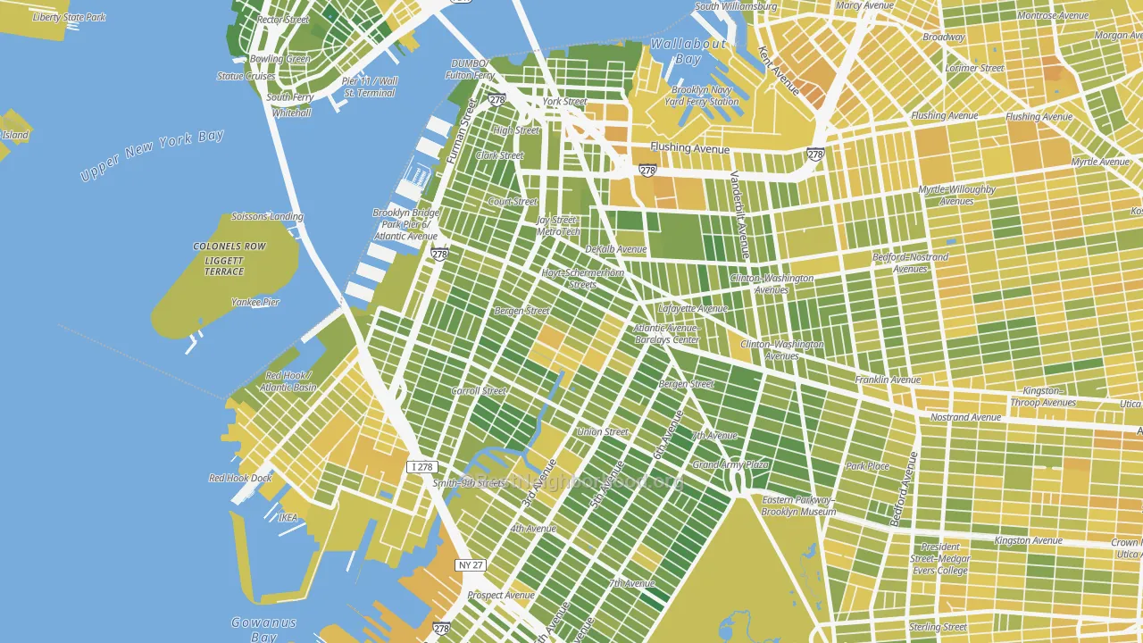 Map of the best neighborhoods in the Boerum Hill, Brooklyn area, with better matches in green and worse matches in red