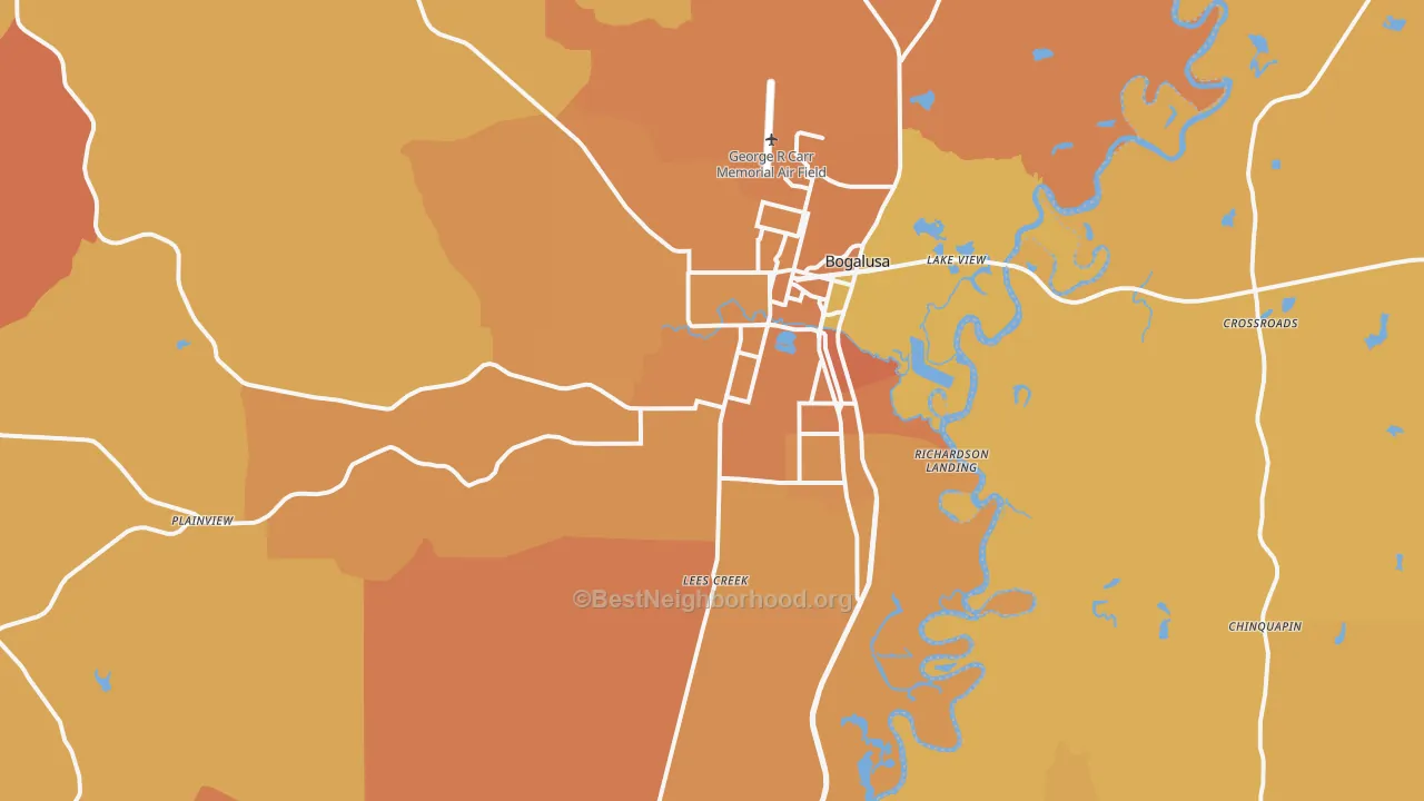 Map of the best neighborhoods in the Bogalusa area, with better matches in green and worse matches in red