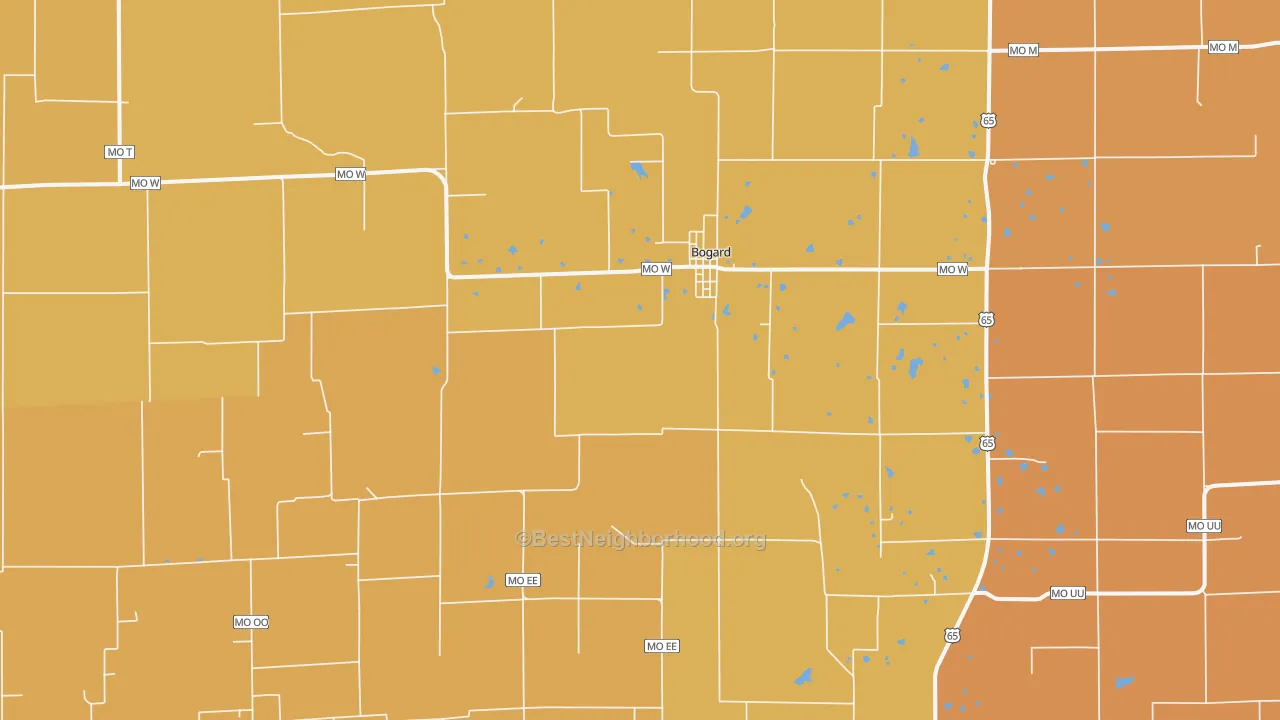Map of the best neighborhoods in the Bogard area, with better matches in green and worse matches in red