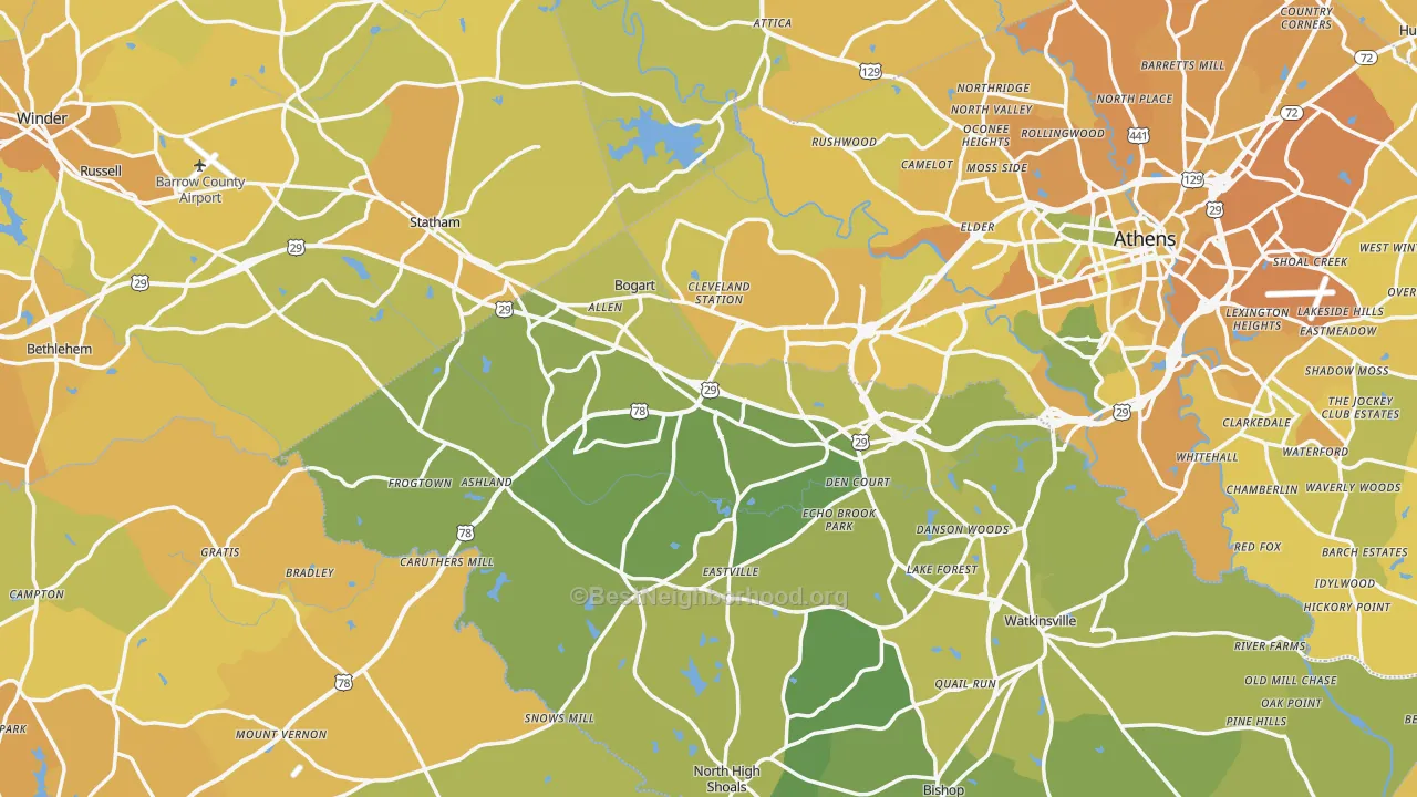 Map of the best neighborhoods in the Bogart area, with better matches in green and worse matches in red