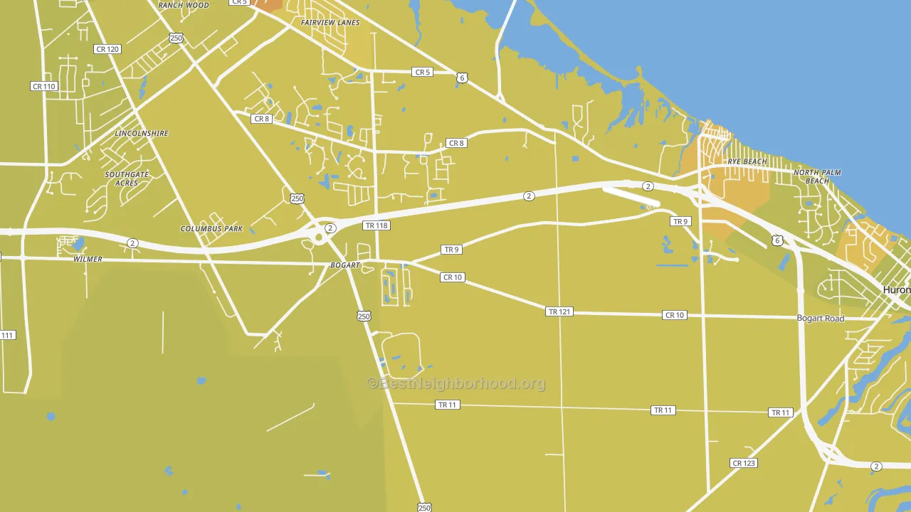 Map of the best neighborhoods in the Bogart area, with better matches in green and worse matches in red