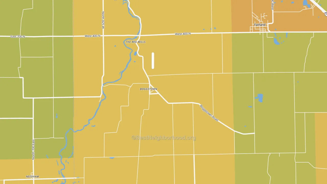Map of the best neighborhoods in the Boggstown area, with better matches in green and worse matches in red