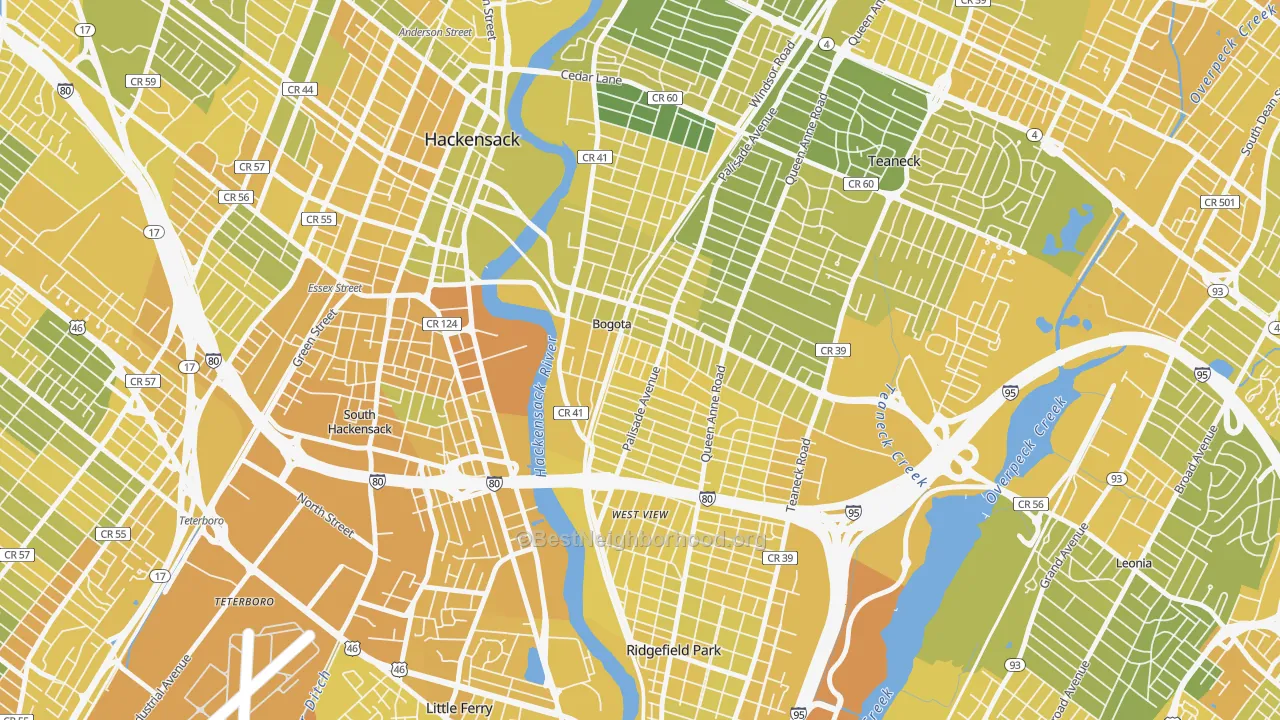 Map of the best neighborhoods in the Bogota area, with better matches in green and worse matches in red