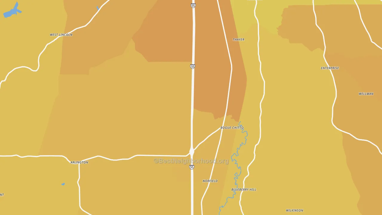 Map of the best neighborhoods in the Bogue Chitto area, with better matches in green and worse matches in red